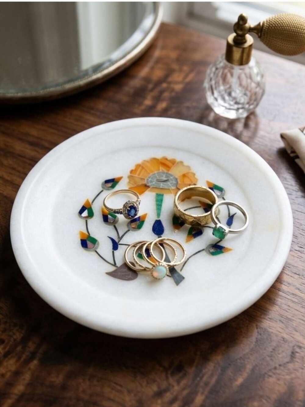 Vintage Indian Marble Inlay Pietra Dura Dish Abalone Shell Ring Tray 5"